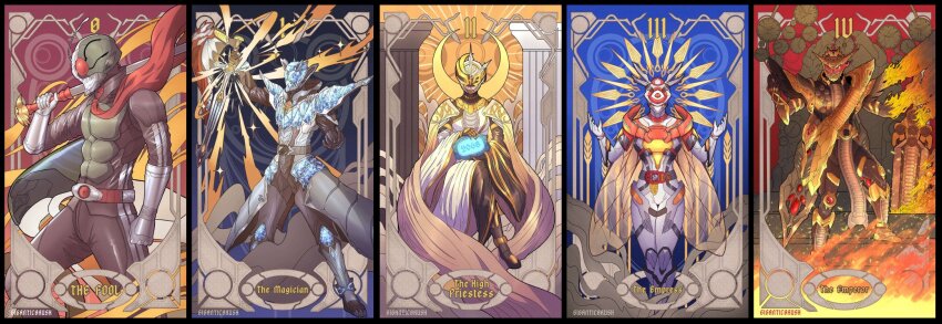 2068, 2girls, 3boys, antennae, apocalypse, armor, asymmetrical_armor, axcalibur, axe, belt, black_armor, black_bodysuit, black_boots, black_gloves, bodysuit, boots, breastplate, breasts, bug, cape, card, card_(medium), clock, clock_hands, commentary, compound_eyes, cowboy_shot, dress, english_commentary, english_text, gears, giganticbrush, gloves, glowing, gold_armor, gold_gloves, gold_trim, grasshopper, green_armor, green_helmet, helmet, highres, holding, holding_sword, holding_weapon, honeycomb_(pattern), horns, insect, jewelry, kamen_rider, kamen_rider_(1st_series), kamen_rider_1, kamen_rider_aguilera, kamen_rider_revice, kamen_rider_tsukuyomi, kamen_rider_wizard, kamen_rider_wizard_(infinity_style), kamen_rider_wizard_(series), kamen_rider_zi-o_(series), looking_at_viewer, magic_circle, male_focus, mask, multiple_boys, multiple_girls, ohma_zi-o, ohma_zi-o_driver, open_hands, pun, queen_bee, queen_bee_genome, red_eyes, red_scarf, revision, rider_belt, ring, sash, scarf, shoulder_armor, shoulder_sash, silver_gloves, sitting, solo, standing, sword, tailcoat, tarot, tarot_(medium), tarot_card, the_emperor_(tarot), the_empress_(tarot), the_fool_(tarot), the_high_priestess_(tarot), the_magician_(tarot), tokusatsu, typhoon_(kamen_rider), vistamp, weapon, weekendriver, white_armor, white_bodysuit, wizard_ring, wizardriver, yellow_eyes