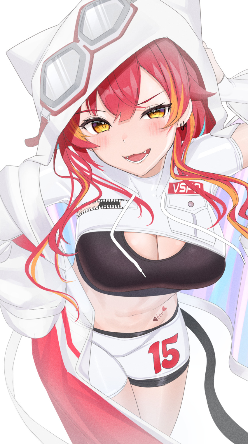 1girl, :3, :d, black_sports_bra, breasts, cleavage, fangs, goggles