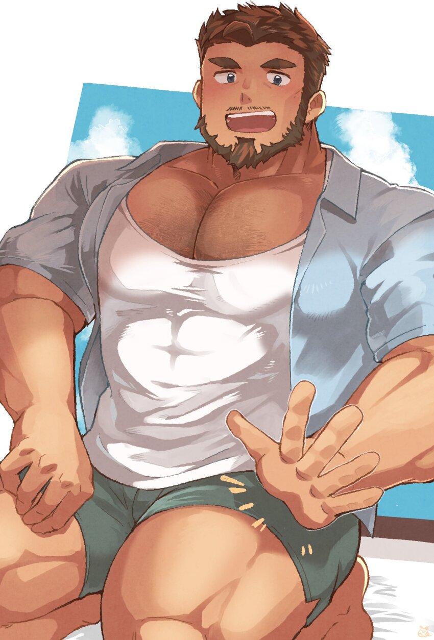 1boy, bara, beard, blue_shirt, chest_hair, collared_shirt, facial_hair, green_shorts, highres, large_pectorals, looking_at_viewer, male_focus, mature_male, mustache, oji-mama_(skskdan), open_mouth, patting_lap, pectorals, sawch_cls, shirt, short_sleeves, shorts, sisimaru_hoshiura, solo, thick_eyebrows, white_shirt
