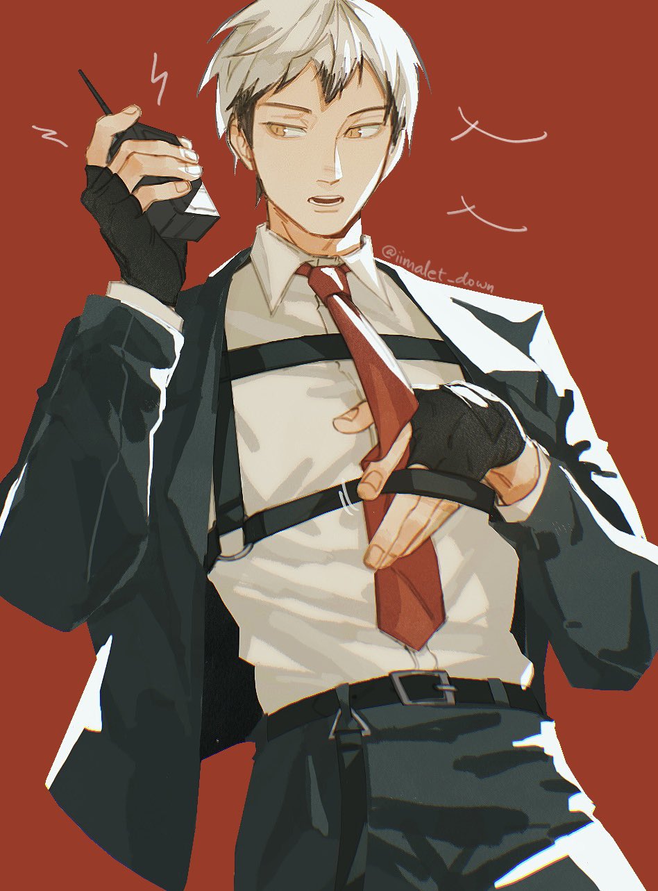 1boy, alternate_costume, belt, belt_buckle, black_belt, black_gloves, black_hair, black_pants