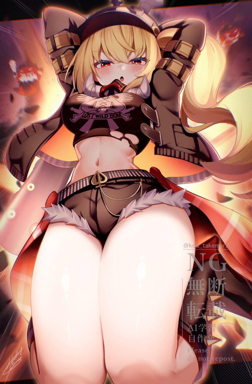 1girl, absurdres, arms_behind_head, belt, black_belt, black_jacket, black_shorts, blonde_hair