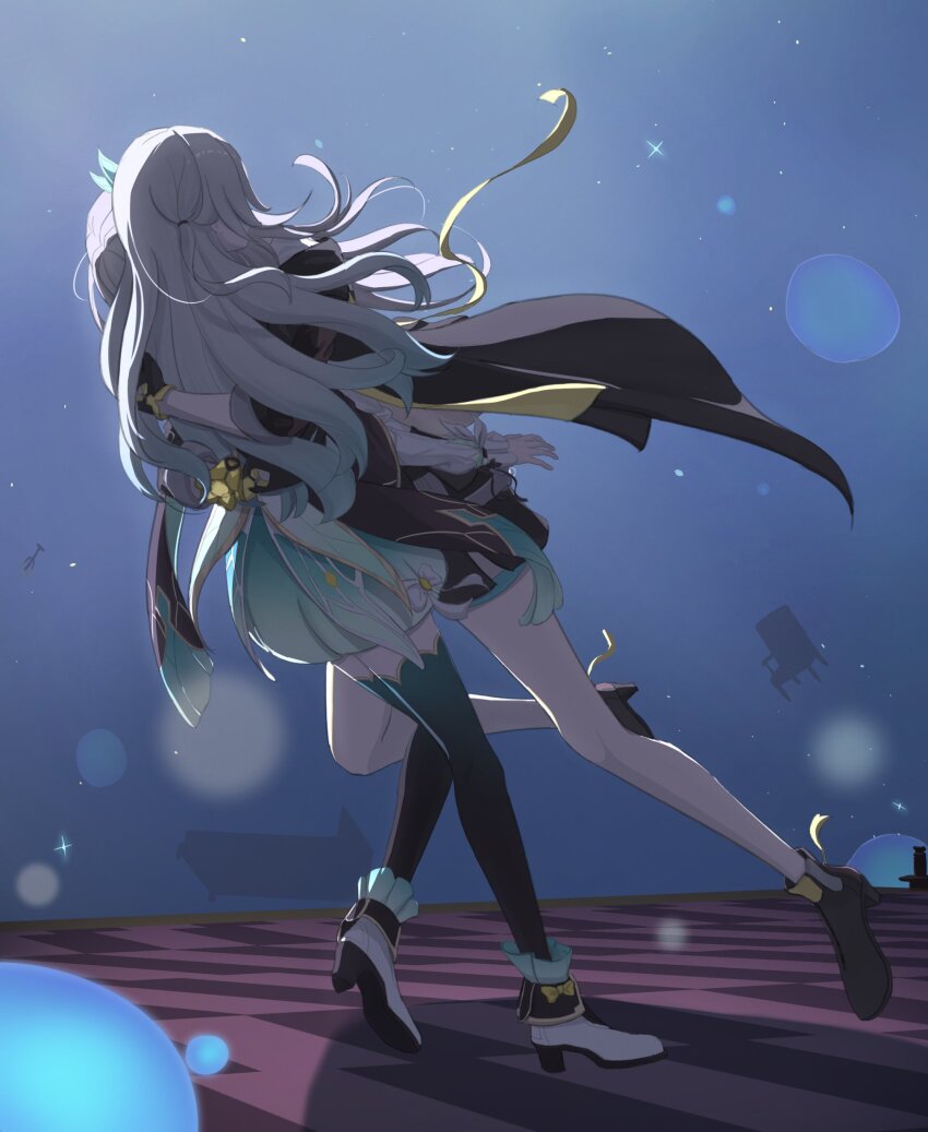 2girls, absurdres, aqua_hair, black_boots, black_gloves, black_jacket, boots, commentary_request