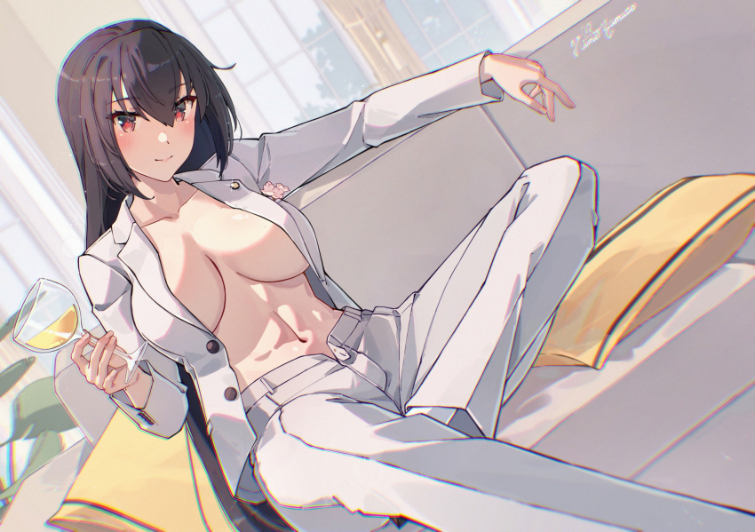 1girl, black_hair, border, commentary_request, cup, formal_clothes, grey_vest, hair_between_eyes, highres, himeyamato, holding, holding_cup, jacket, kantai_collection, long_hair, long_sleeves, looking_at_viewer, nagato_(anniversary)_(kancolle), nagato_(kancolle), navel, no_bra, official_alternate_costume, open_clothes, open_jacket, pants, red_eyes, sitting, solo, suit, suit_jacket, very_long_hair, vest, white_jacket, white_pants, white_suit