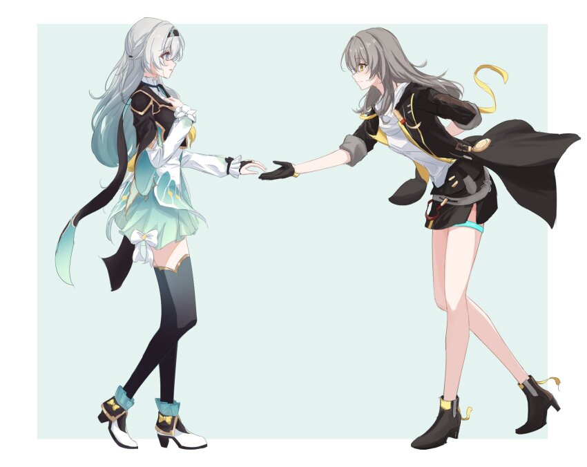 2girls, aqua_hair, black_boots, black_gloves, black_jacket, black_thighhighs, boots, crying