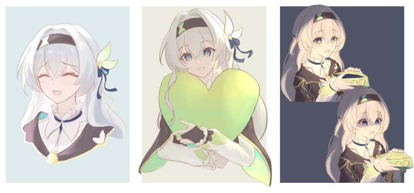 firefly_(honkai:_star_rail), flower, grey_hair, hair_flower, hair_ornament, headband, heart, highres