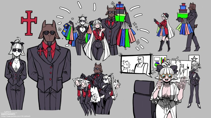 1boy, 2girls, animal_ears, baphomet_(grizz), black_horns, bodysuit, breasts, cerberus_(helltaker)