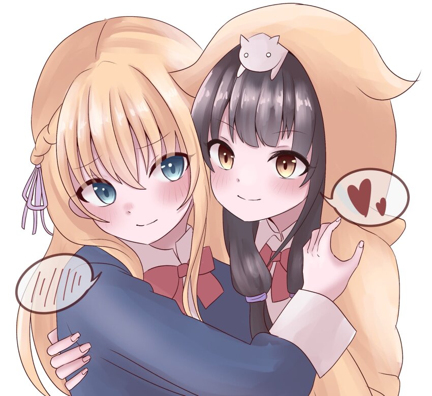 2girls, animal, animal_on_head, asakura_karen_(heaven_burns_red), black_hair, blonde_hair, blue_jacket, blush