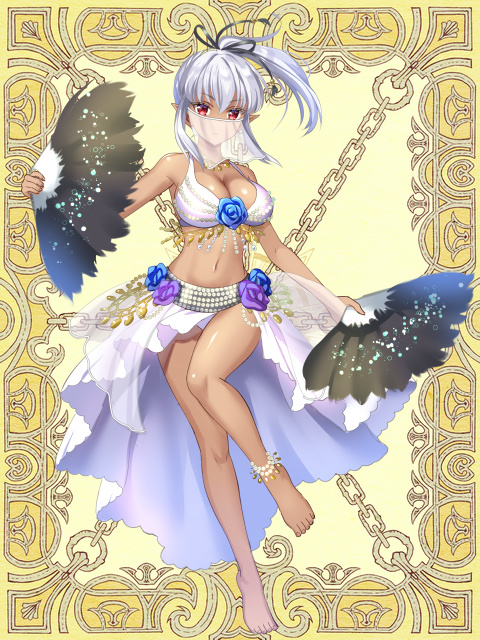 1girl, anklet, barefoot, bikini, breasts, dark-skinned_female, dark_skin, dual_wielding