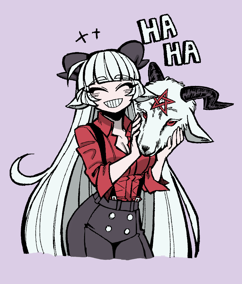 1girl, animal_ears, baphomet_(grizz), black_horns, breasts, closed_eyes, demon, demon_girl, demon_horns, goat_ears, goat_girl, goat_horns, goat_mask, grizz, helltaker, horns, inverted_pentagram, long_hair, original, red_shirt, shirt, smile, vanripper_(style), white_hair