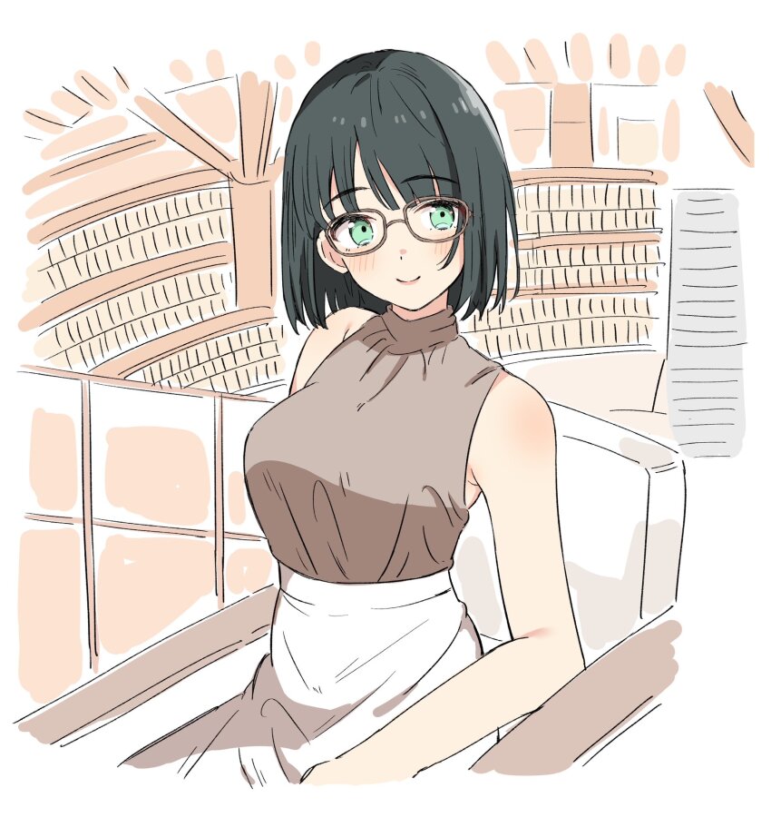 1girl, alternate_costume, bare_shoulders, bien_(djpwjd1), black_hair, blunt_bangs, blunt_ends, blush, bob_cut, breasts, brown-framed_eyewear, brown_shirt, closed_mouth, commentary, couch, cowboy_shot, glasses, green_eyes, highres, indoors, ishikawa_prefectural_library, large_breasts, library, link!_like!_love_live!, love_live!, momose_ginko, on_couch, real_world_location, shirt, short_hair, sitting, skirt, sleeveless, sleeveless_shirt, smile, solo, split_mouth, untranslatable_commentary, turtleneck, turtleneck_shirt, virtual_youtuber, white_skirt