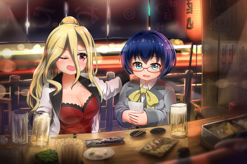 2girls, absurdres, battle_girl_high_school, blonde_hair, blue_eyes, blue_hair, bow, breasts