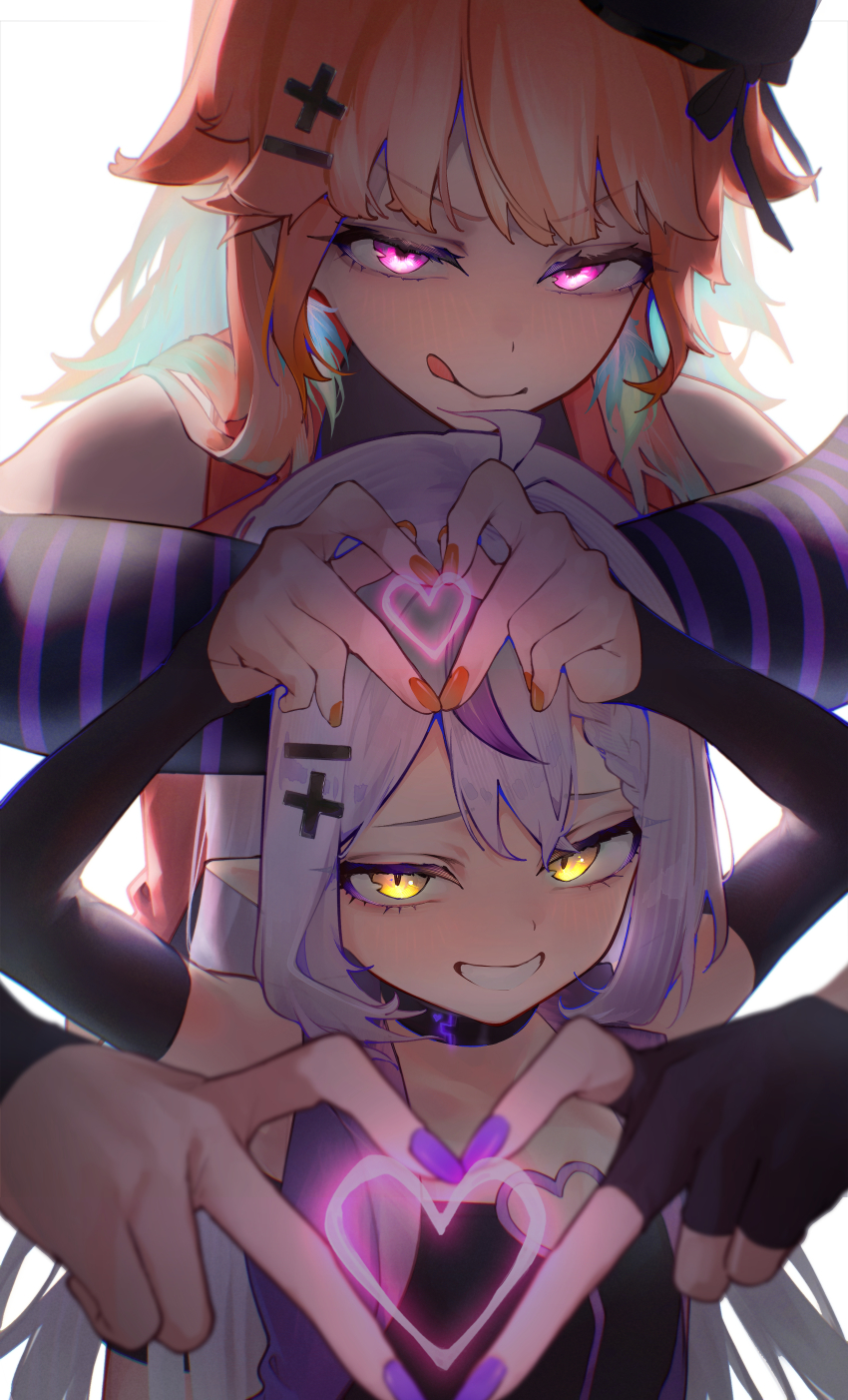 2girls, absurdres, ahoge, backlighting, black_horns, braid, braided_bangs, commentary, demon_girl, demon_horns, earrings, eyelashes, feather_earrings, feathers, glowing, glowing_eyes, gradient_hair, green_hair, grey_hair, grin, hair_between_eyes, hat, heart, heart_hands, height_difference, highres, hololive, hololive_english, horns, huge_horns, jewelry, la+_darknesss, licking_lips, long_hair, looking_at_viewer, multicolored_hair, multiple_girls, nail_polish, orange_hair, pointy_ears, purple_eyes, purple_hair, purple_horns, sauce_darusungi, shaded_face, smile, streaked_hair, striped_horns, takanashi_kiara, takanashi_kiara_(1st_costume), tongue, tongue_out, upper_body, very_long_hair, virtual_youtuber, yellow_eyes