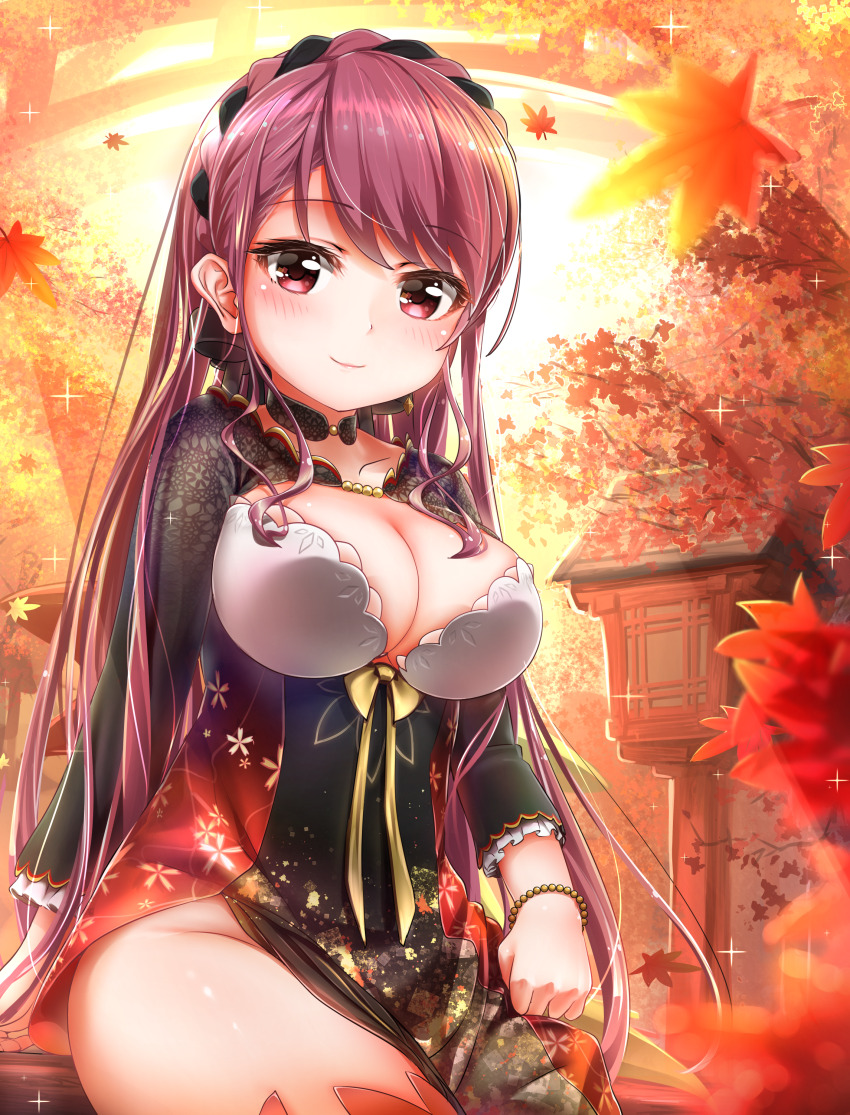 1girl, absurdres, ameya_erika, autumn, autumn_leaves, battle_girl_high_school, blush, bracelet, breasts, cleavage, closed_mouth, dress, eyelashes, falling_leaves, highres, jewelry, large_breasts, leaf, long_hair, long_sleeves, looking_at_viewer, maple_leaf, outdoors, side_slit, sitting, solo, tamanegi_(12030028), very_long_hair
