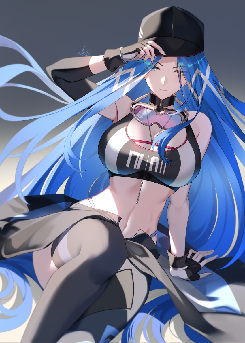 1girl, absurdres, black_gloves, black_thighhighs, blue_hair, breasts, cleavage, epic_seven