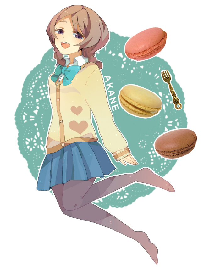 1girl, braid, brown_hair, feet, female_focus, food, fork, inazuma_eleven, inazuma_eleven_(series), inazuma_eleven_go, macaron, makokera4974, open_mouth, pantyhose, purple_eyes, purple_pantyhose, school_uniform, smile, solo, twin_braids, yamana_akane