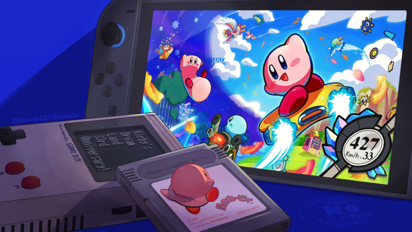 anniversary, awoofy, blue_background, blush_stickers, colored_skin, crystal, dragoon_(kirby), dyna_blade, elfilin, galactal_(kirby), game_boy, game_cartridge, gordo, handheld_game_console, highres, hydra_(kirby), invincible_candy, kashiwa_(ksw04270mochi), king_dedede, kirby, kirby's_dream_land, kirby_(series), kirby_air_ride, kirby_air_riders, kirby_and_the_forgotten_land, meta_knight, mouthful_mode, multiple_persona, nintendo, nintendo_switch_2, notched_ear, pink_skin, star-crossed_world, starry_(kirby), waddle_dee, warp_star, watermark, wheelie_(kirby)