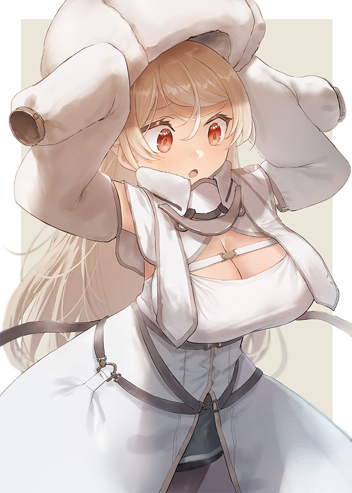 1girl, armpit_cutout, armpits, breasts, brown_eyes, capelet, cleavage, clothing_cutout