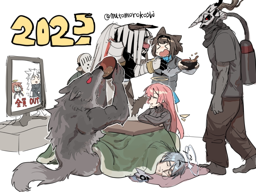 >_<, 2025, 4girls, 5boys, alternate_costume, andoain_(arknights), animal_ears, arknights