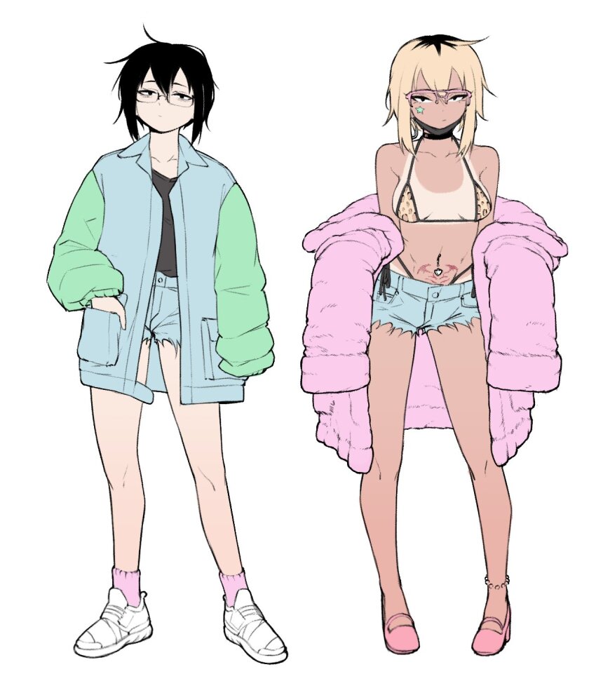 2girls, anklet, bikini, bikini_tan, black_hair, blonde_hair, breasts, choker