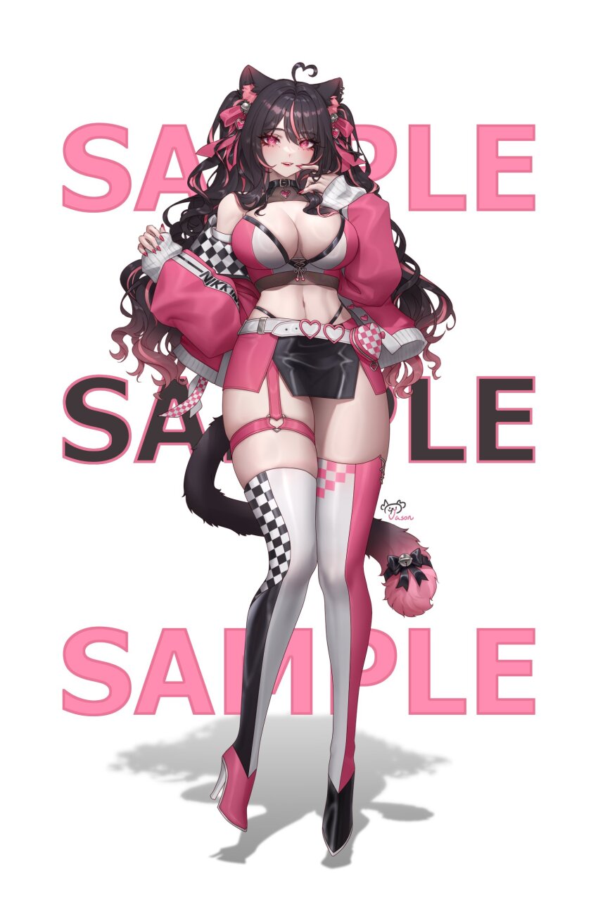 1girl, absurdres, ahoge, animal_ears, bare_shoulders, black_choker, black_hair, black_skirt, boots, breasts, cat_ears, cat_girl, cat_tail, choker, cleavage, cleavage_cutout, clothing_cutout, commission, crop_top, full_body, gradient_hair, hair_ribbon, hand_up, heart, heart-shaped_pupils, heart_ahoge, high_heel_boots, high_heels, highleg, highres, indie_virtual_youtuber, jacket, jason_xiaojie, large_breasts, long_hair, long_sleeves, looking_at_viewer, midriff, miniskirt, multicolored_hair, navel, nikkinyami_(vtuber), off_shoulder, panty_straps, pink_eyes, pink_jacket, pink_shirt, race_queen, ribbon, shirt, skirt, sleeveless, sleeveless_shirt, solo, standing, stomach, streaked_hair, symbol-shaped_pupils, tail, thigh_boots, thigh_strap, thighhighs, thighs, two-tone_skirt, virtual_youtuber, white_thighhighs, zettai_ryouiki