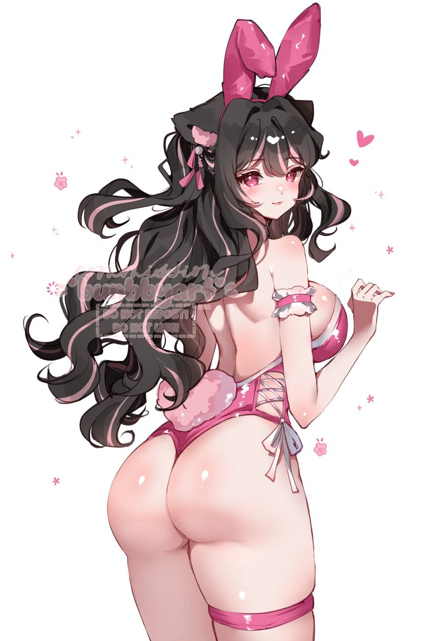 1girl, animal_ears, arm_garter, artist_name, ass, back, backless_leotard, bare_back, black_hair, breasts, bunbbyart, cat_ears, cowboy_shot, fake_animal_ears, from_behind, hairband, highleg, highleg_leotard, highres, indie_virtual_youtuber, large_breasts, leotard, long_hair, looking_at_viewer, looking_back, median_furrow, multicolored_hair, nikkinyami_(vtuber), pink_leotard, playboy_bunny, rabbit_ears, rabbit_tail, red_eyes, skindentation, smile, solo, streaked_hair, tail, thigh_strap, thighs, thong_leotard, virtual_youtuber, watermark, wavy_hair