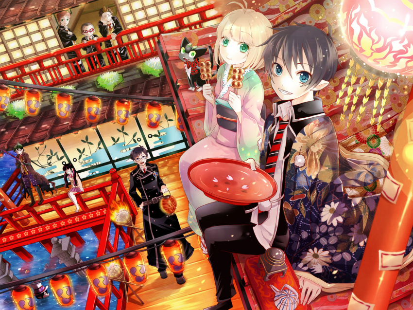 2girls, 6+boys, amaimon, ao_no_exorcist, architecture, bad_id, bad_pixiv_id, blonde_hair, blue_eyes, brothers, cup, dango, east_asian_architecture, eating, fish, floral_print, food, from_above, glasses, green_eyes, haguo_yuu, hat, highres, japanese_clothes, kamiki_izumo, kimono, koi, kuro_(ao_no_exorcist), lantern, magatama, mephisto_pheles, mitarashi_dango, mitsudomoe_(shape), miwa_konekomaru, moriyama_shiemi, multicolored_hair, multiple_boys, multiple_girls, necktie, okumura_rin, okumura_yukio, pointy_ears, ribbon, sakazuki, school_uniform, shima_renzou, short_hair, siblings, smile, striped_clothes, striped_necktie, striped_neckwear, suguro_ryuuji, tomoe_(symbol), top_hat, twintails, two-tone_hair, wagashi, water