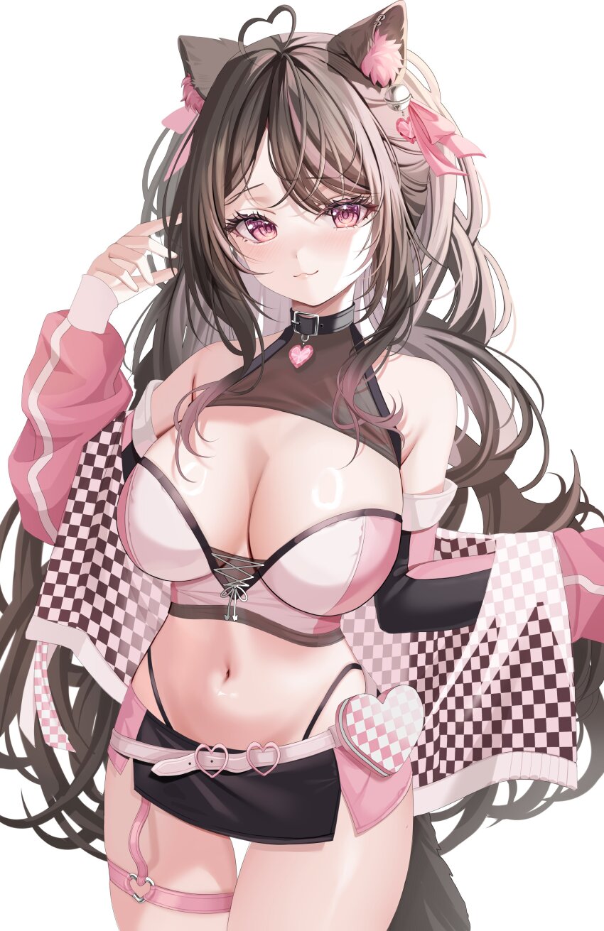 1girl, :3, absurdres, ahoge, bare_shoulders, black_choker, black_hair, black_skirt