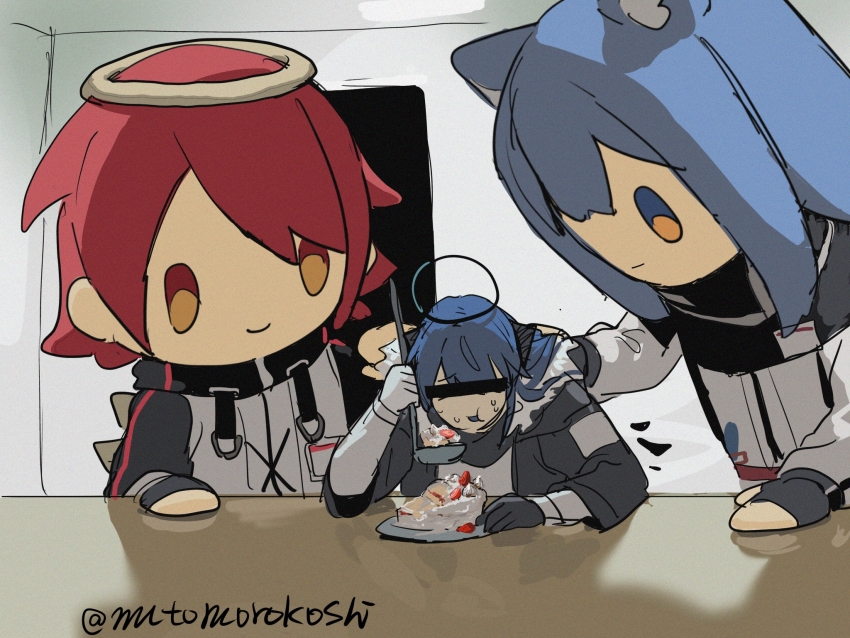 1girl, 2others, animal_ears, arknights, asymmetrical_gloves, bar_censor, black_coat, black_gloves