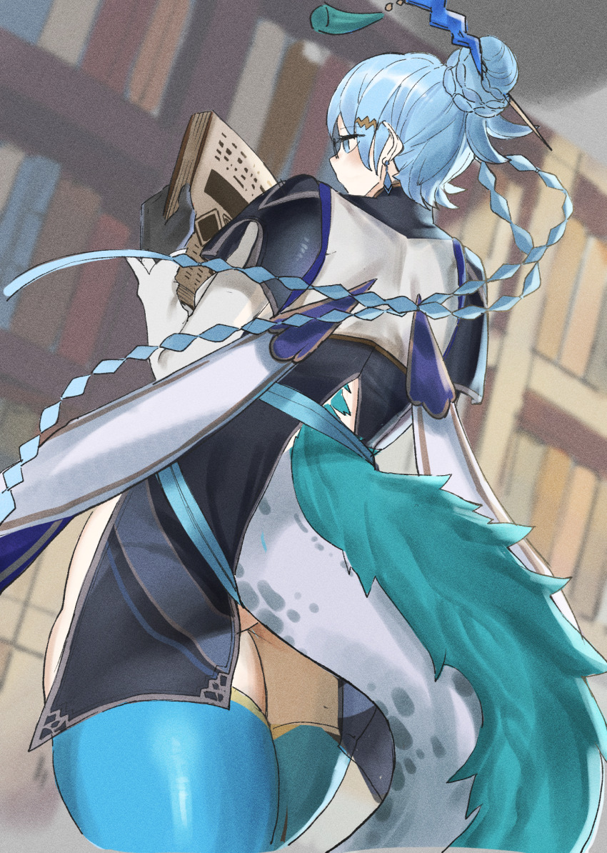 1girl, ass, black_dress, black_gloves, blue_eyes, blue_hair, blue_thighhighs, book