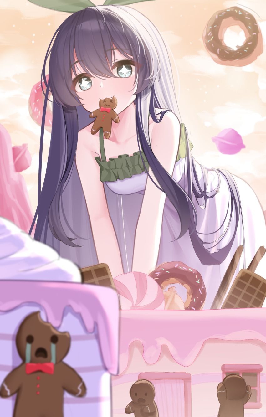 1girl, absurdres, all_fours, bare_shoulders, black_hair, breasts, cake, candy, collarbone, commentary_request, crying, donut, dress, eating, fang, food, frilled_dress, frills, gingerbread_man, green_eyes, highres, living_food, long_hair, original, small_breasts, sparkling_eyes, very_long_hair, wafer, wafer_stick, white_dress, wlswlp