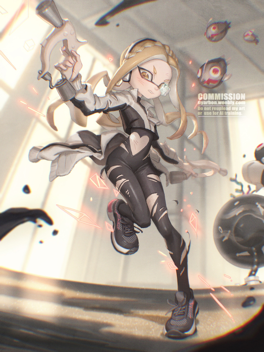 1girl, biahnyang, black_bodysuit, black_jacket, black_shoes, blonde_hair, bodysuit, braid, clenched_teeth, clothing_cutout, commentary, commission, cropped_jacket, crown_braid, dual_wielding, english_commentary, full_body, headphones, heart_cutout, highres, holding, holding_weapon, homing_arpeggio, inkling, inkling_girl, inkling_player_character, jacket, jelleton, long_hair, long_sleeves, multicolored_jacket, nintendo, order_dualies_(splatoon), parted_bangs, shoes, sneakers, solo, splatoon_(series), splatoon_3, splatoon_3:_side_order, standing, standing_on_one_leg, teeth, tentacle_hair, torn_bodysuit, torn_clothes, torn_jacket, two-tone_jacket, watermark, weapon, whirling_accelerando, white_jacket, wide_hips, yellow_eyes, zipper_pull_tab