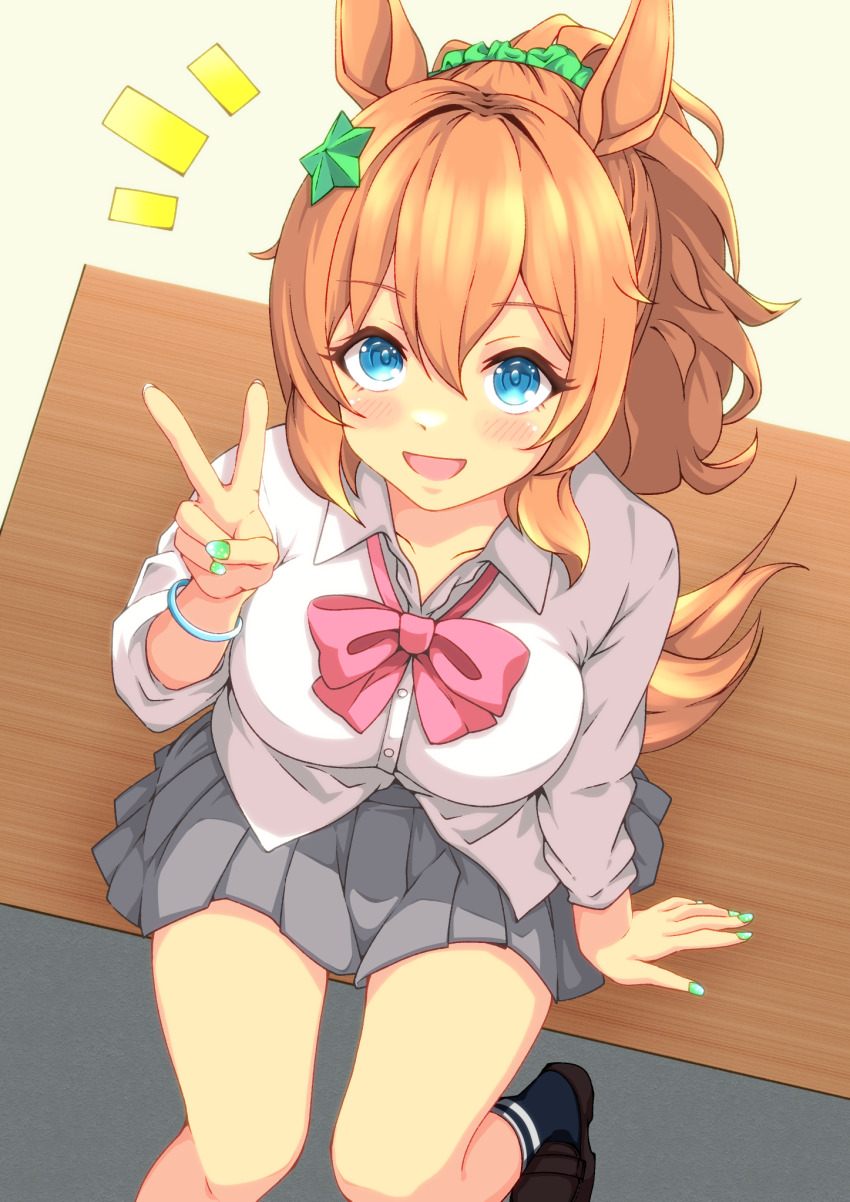 1girl, blue_eyes, blush, breasts, brown_hair, commentary_request, fingernails, from_above