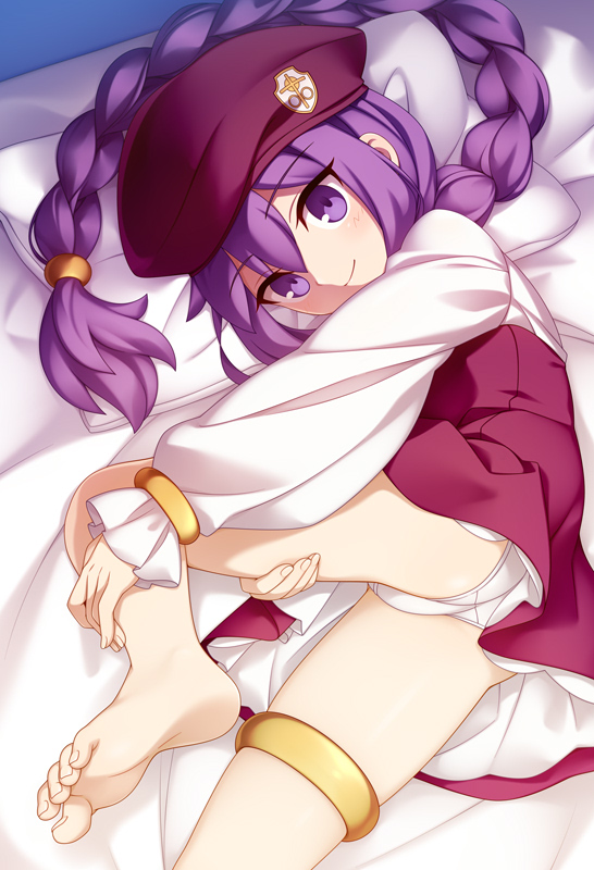 1girl, aged_down, barefoot, bed_sheet, beret, bracelet, braid, braided_ponytail