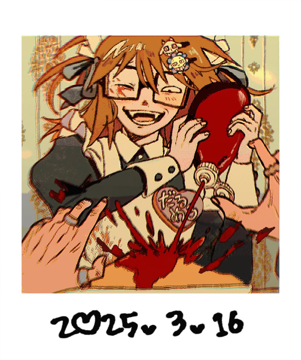 2boys, apron, black_dress, brothers, brown_hair, commentary_request, crossdressing, crossdressing_(mtf), dated, dress, fangs, flowerman_(randal's_friends), food, food_on_face, glasses, jewelry, juliet_sleeves, ketchup, ketchup_bottle, long_sleeves, luther_von_ivory, maid, maid_apron, male_focus, male_maid, milkymilkyshark, multiple_boys, multiple_rings, omelet, omurice, one_eye_closed, pov, puffy_sleeves, randal's_friends, randal_ivory, ring, siblings, squirting_liquid