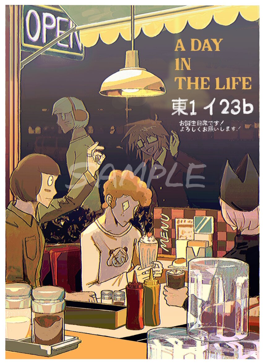 5boys, animal_hat, brown_hair, cat_hat, character_print, commentary_request, diner, etheral_q