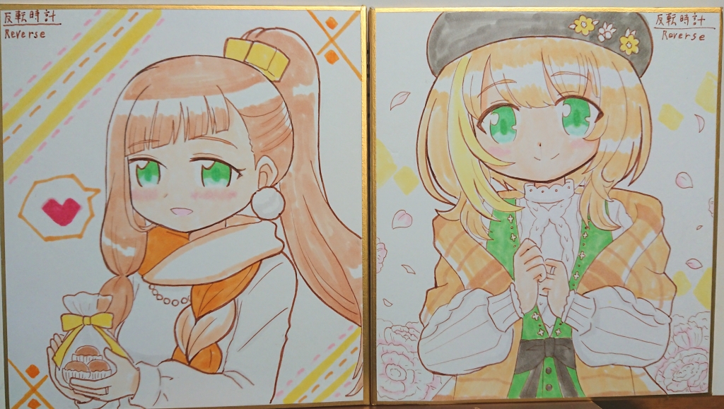 2girls, :d, awane_kokoro, awane_kokoro_(winter_costume), bad_id, bad_twitter_id, beret, blonde_hair, blush, bow, braid, candy, chocolate, closed_mouth, diagonal_bangs, dress, earrings, flower, food, gift, green_dress, green_eyes, haruna_konomi, haruna_konomi_(winter_costume), hat, heart, high_ponytail, holding, holding_gift, jewelry, long_hair, long_sleeves, looking_at_viewer, magia_record:_mahou_shoujo_madoka_magica_gaiden, mahou_shoujo_madoka_magica, marker_(medium), multiple_girls, official_alternate_costume, open_mouth, orange_bow, petals, pom_pom_(clothes), ponytail, puffy_long_sleeves, puffy_sleeves, reverse_(bluefencer), scarf, shikishi, shirt, smile, spoken_heart, sweater, traditional_media, upper_body, white_sweater