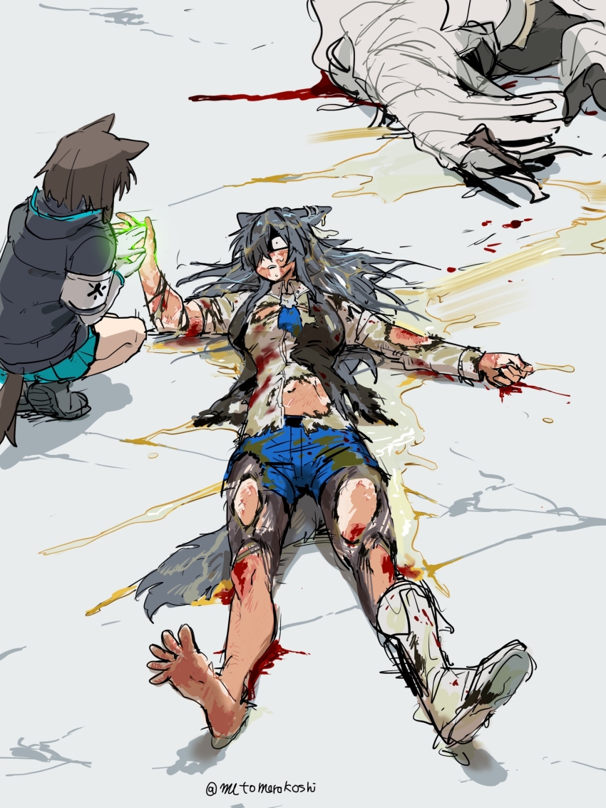 1boy, 2girls, animal_ears, arknights, barefoot, black_hair, black_jacket, black_vest