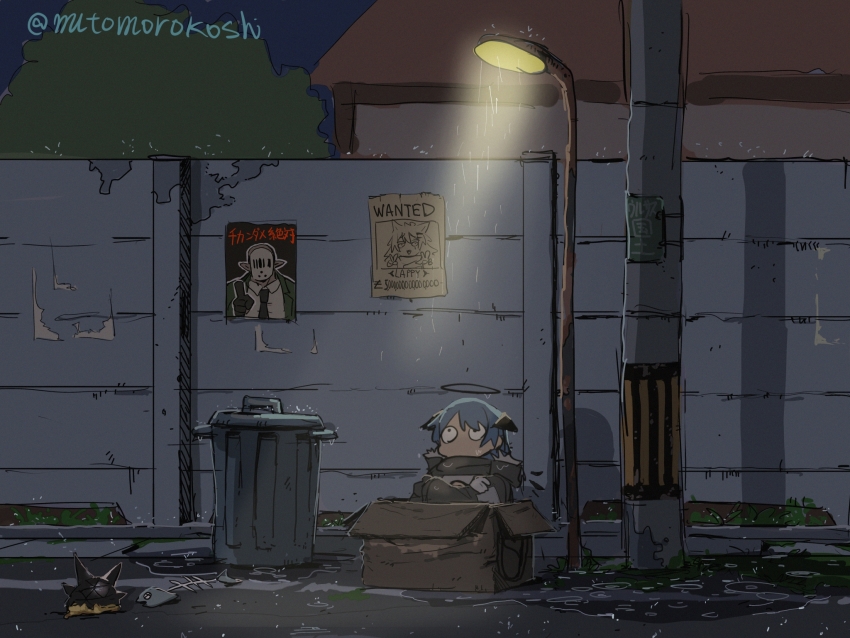 1girl, arknights, black_jacket, blue_hair, box, cardboard_box, constricted_pupils, demon_girl, demon_horns, famiglia_cleaner, fish_skeleton, halo, highres, homeless, hood, hood_down, hooded_jacket, horns, house, in_box, in_container, jacket, lamppost, lappland_(arknights), looking_up, mostima_(arknights), mutomorokoshi, night, no_mouth, originium_slug_(arknights), outdoors, puddle, rain, self_hug, sitting, solo, trash_can, twitter_username, utility_pole, wanted_poster, wide-eyed, wide_shot