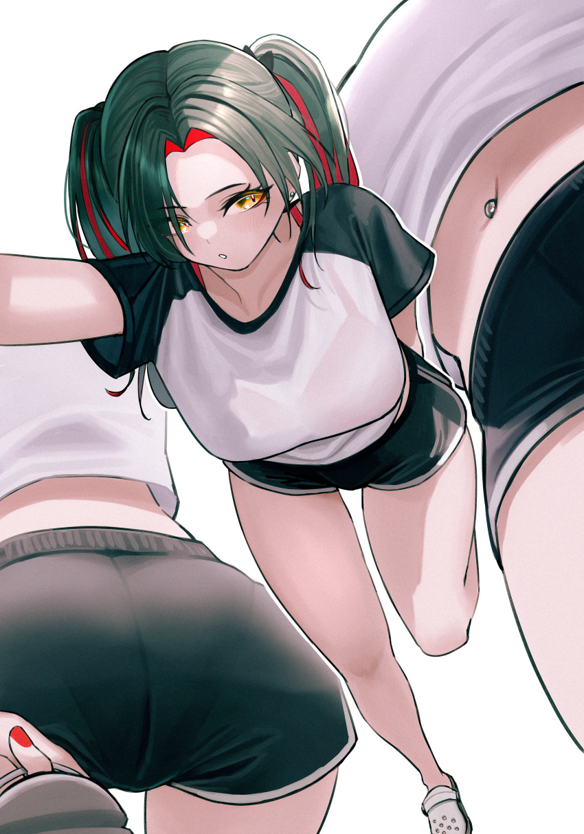 1girl, absurdres, ass, azur_lane, black_hair, black_shorts, bra_visible_through_clothes, colored_inner_hair, ear_piercing, from_below, gym_shirt, gym_shorts, gym_uniform, highres, light_blush, looking_at_viewer, multicolored_hair, multiple_views, navel_piercing, parted_bangs, parted_lips, piercing, red_hair, red_nails, rmflawhdk12345, shirt, short_sleeves, shorts, simple_background, solo, two_side_up, white_background, yellow_eyes, z52_(azur_lane)