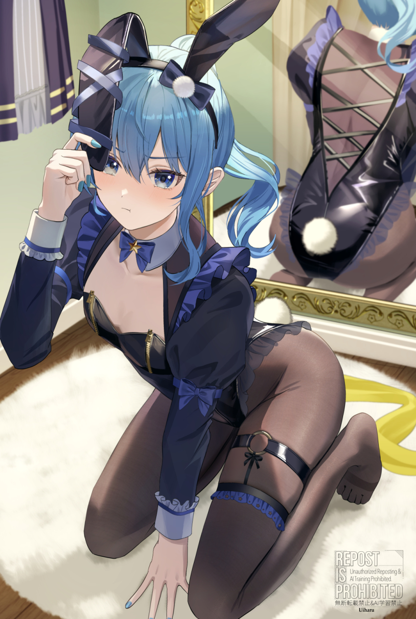 1girl, :t, animal_ear_hairband, animal_ears, ass, black_leotard, blue_bow, blue_bowtie, blue_eyes, blue_hair, blue_nails, bow, bowtie, curtains, fake_animal_ears, feet, flat_chest, hairband, highres, hololive, hoshimachi_suisei, kneeling, leotard, looking_at_viewer, mirror, nakaneabura8623, pantyhose, playboy_bunny, pout, rabbit_ear_hairband, rabbit_ears, reflection, solo, star-shaped_pupils, star_(symbol), symbol-shaped_pupils, thigh_strap, v-shaped_eyebrows, virtual_youtuber