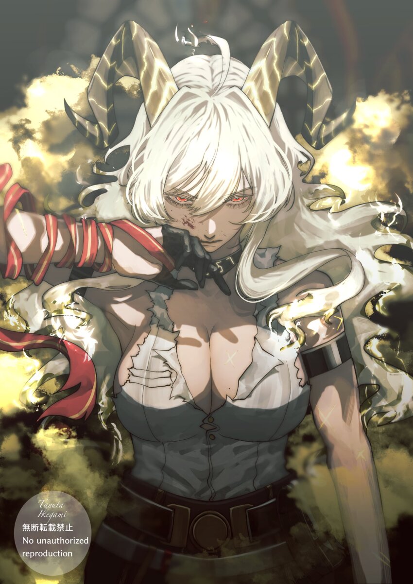 1girl, arm_strap, bare_shoulders, black_gloves, black_horns, black_pants, blonde_hair, breasts