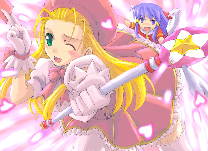 2girls, amasawa_ikumi, blonde_hair, blue_eyes, blue_hair, blush, card, chibi, gloves, green_eyes, hair_tubes, hat, heart, hisakawa_chin, holding, holding_card, kanuma_youko, long_hair, magical_girl, moon_(game), multiple_girls, no_nose, one_eye_closed, open_mouth, ribbon, school_uniform, thighhighs, wand, white_legwear, wings, wink