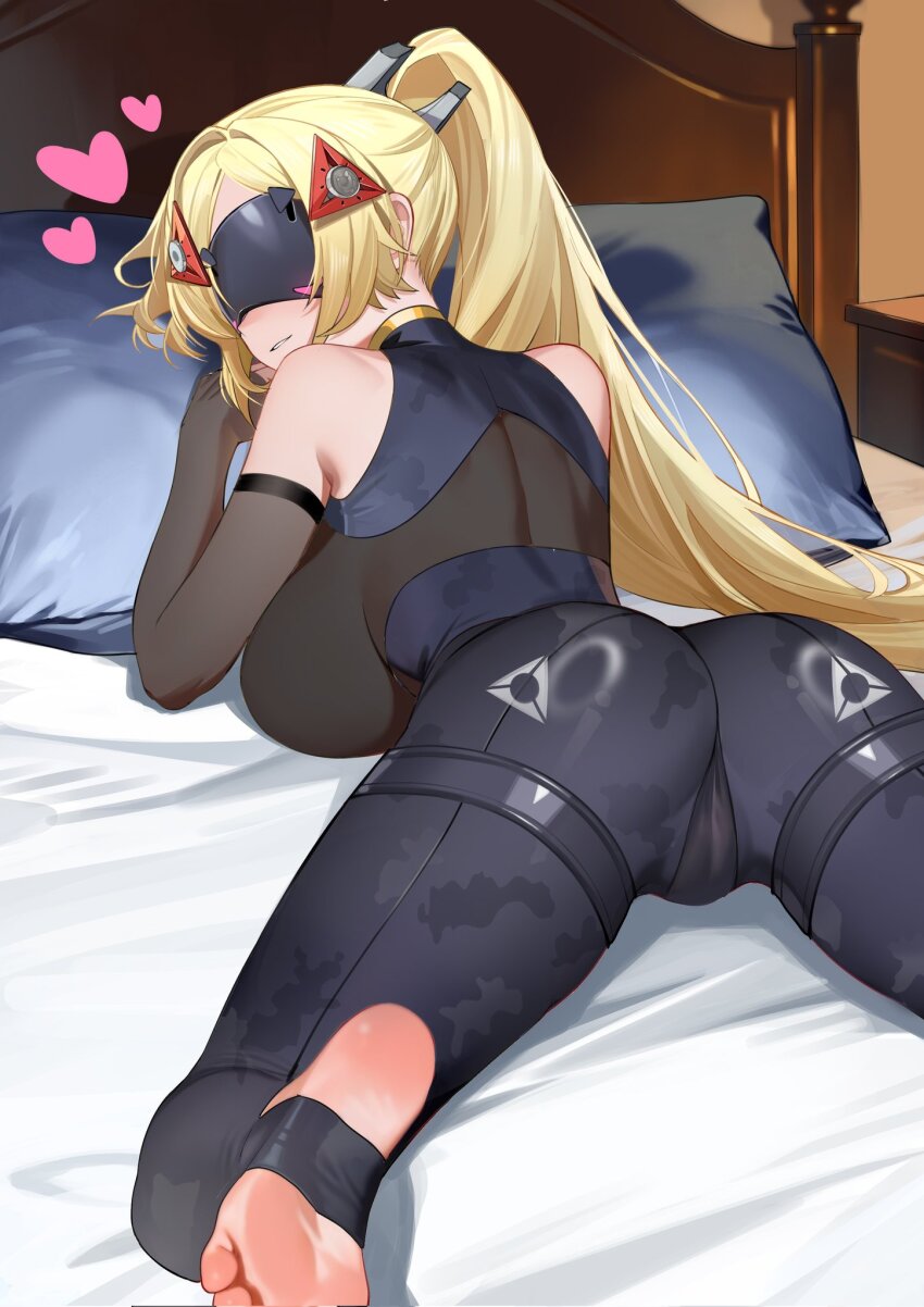 1girl, ass, black_pants, blindfold_mask, blonde_hair, breasts, cameltoe, crop_top
