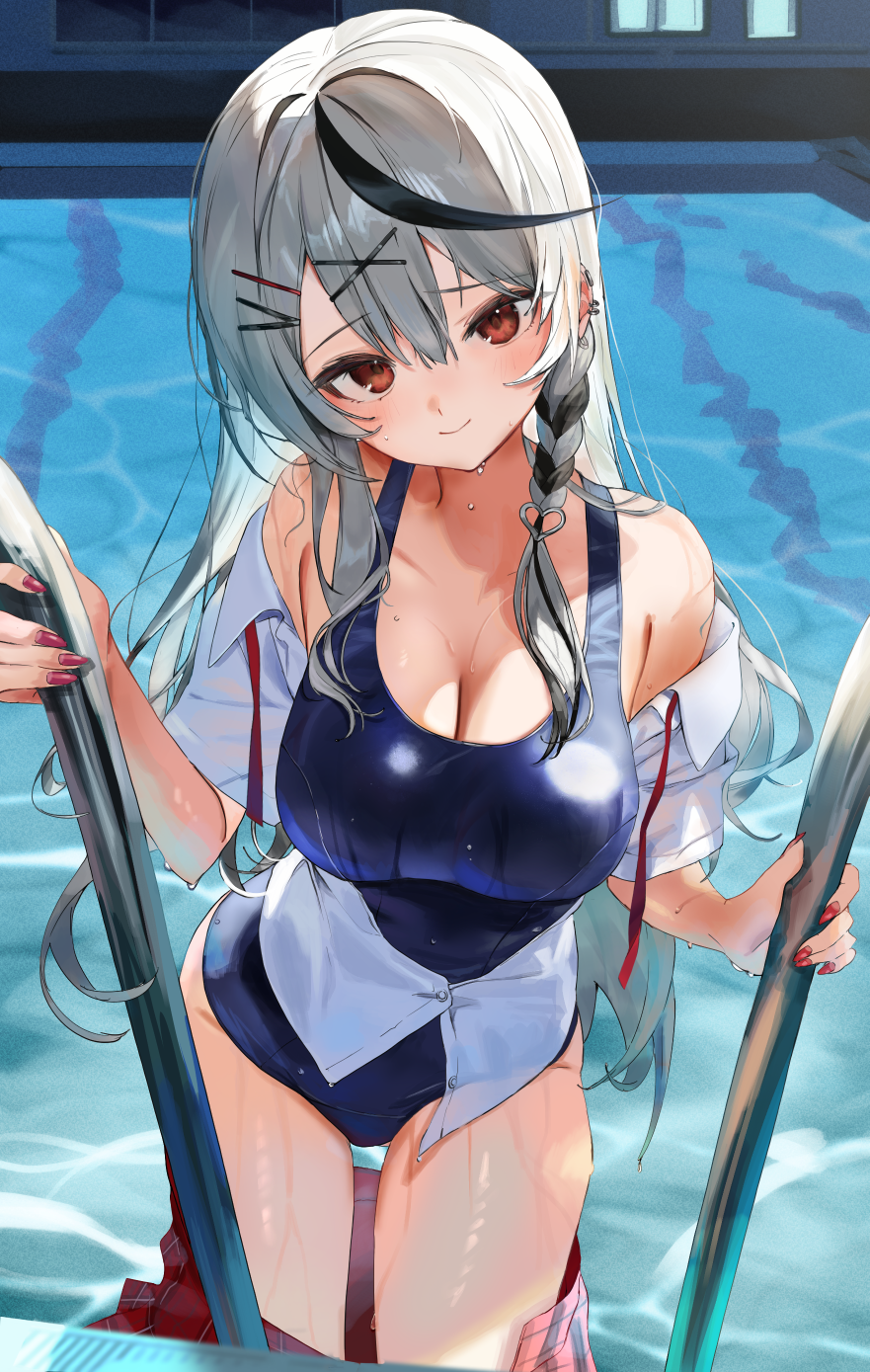 1girl, alternate_costume, black_streaks, blue_one-piece_swimsuit, braid, breasts, center-flap_bangs, cleavage