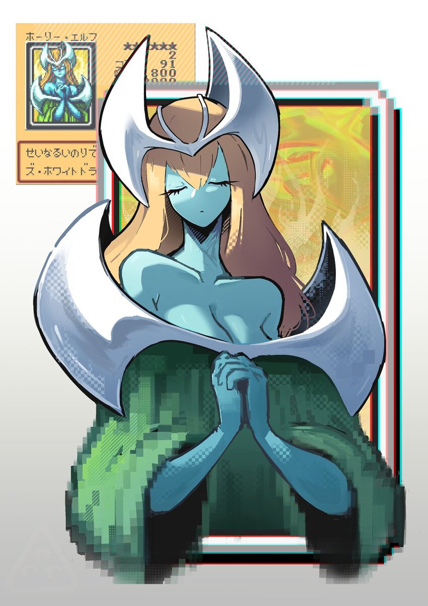 1girl, bare_shoulders, blonde_hair, blue_skin, breasts, cleavage, closed_eyes, colored_skin, derivative_work, dress, duel_monster, green_dress, hair_between_eyes, headpiece, highres, large_breasts, long_hair, long_sleeves, mystical_elf, own_hands_together, pixelated, praying, shakeeeeeeeee, solo, sprite_redraw, very_long_hair, wide_sleeves, yu-gi-oh!, yu-gi-oh!_dark_duel_stories
