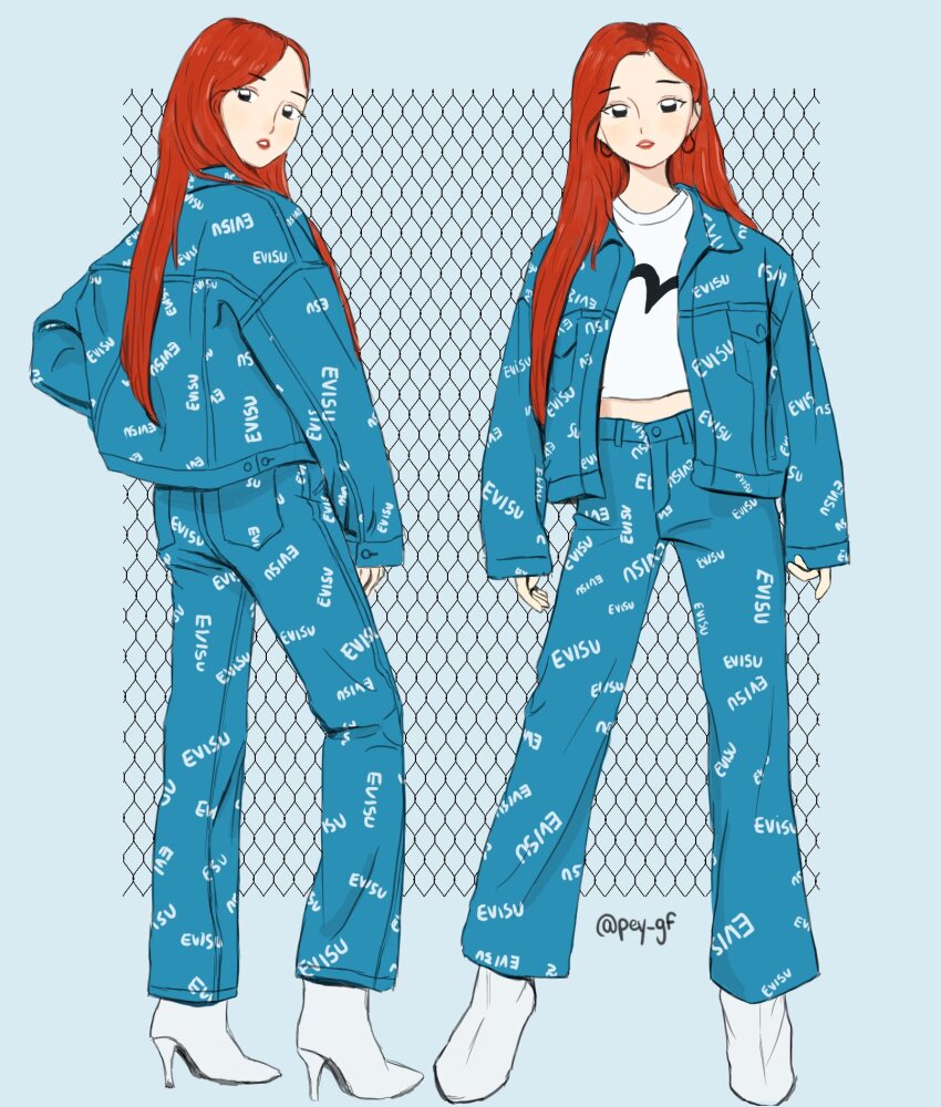 1girl, boots, commentary, denim, denim_jacket, earrings, english_commentary, full_body