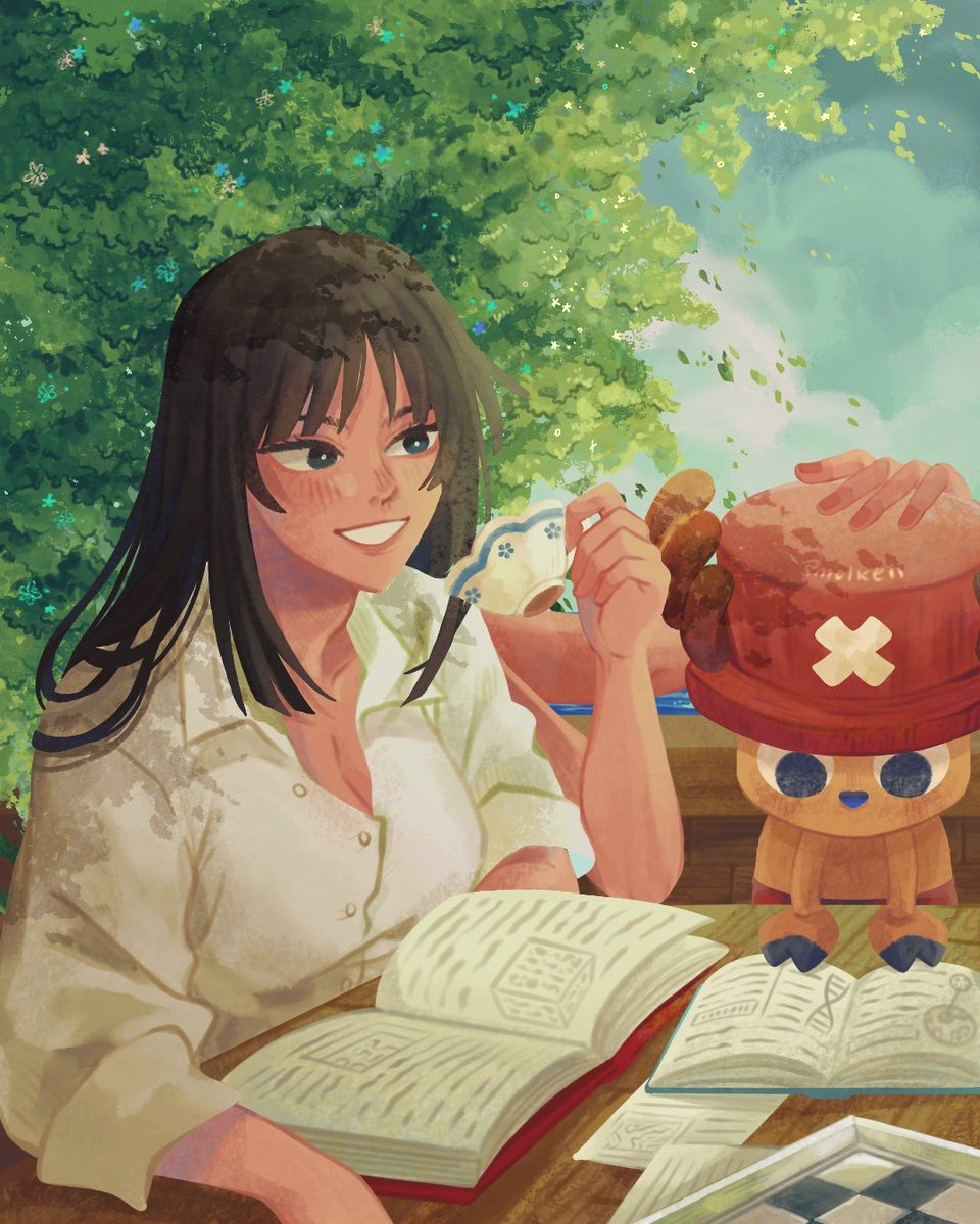 1boy, 1girl, antlers, black_hair, blue_eyes, blunt_bangs, book, collared_shirt