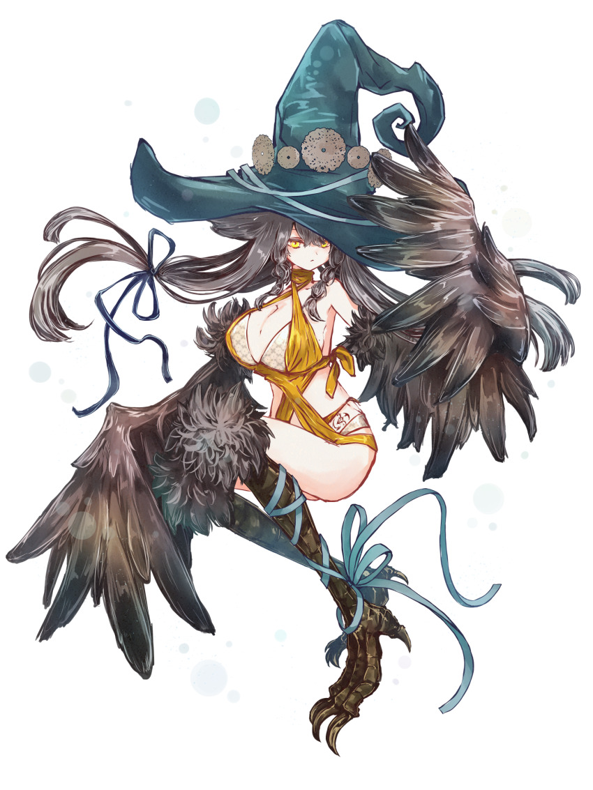 1girl, aura_venefika, bird_legs, blue_ribbon, braid, breasts, brown_hair, brown_wings