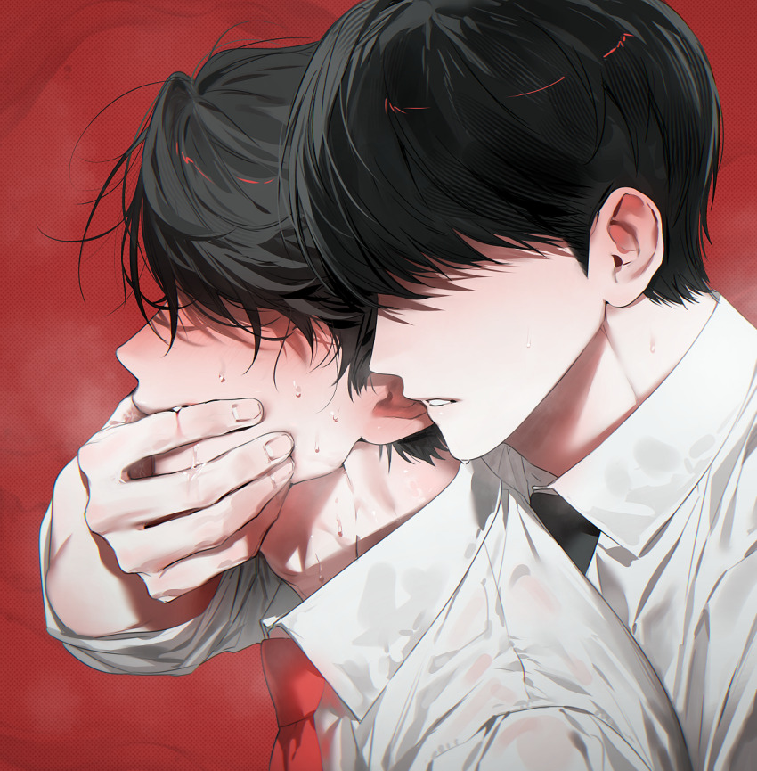 2boys, aroused, biting, biting_another's_finger, biting_another's_hand, black_hair, black_necktie, blood
