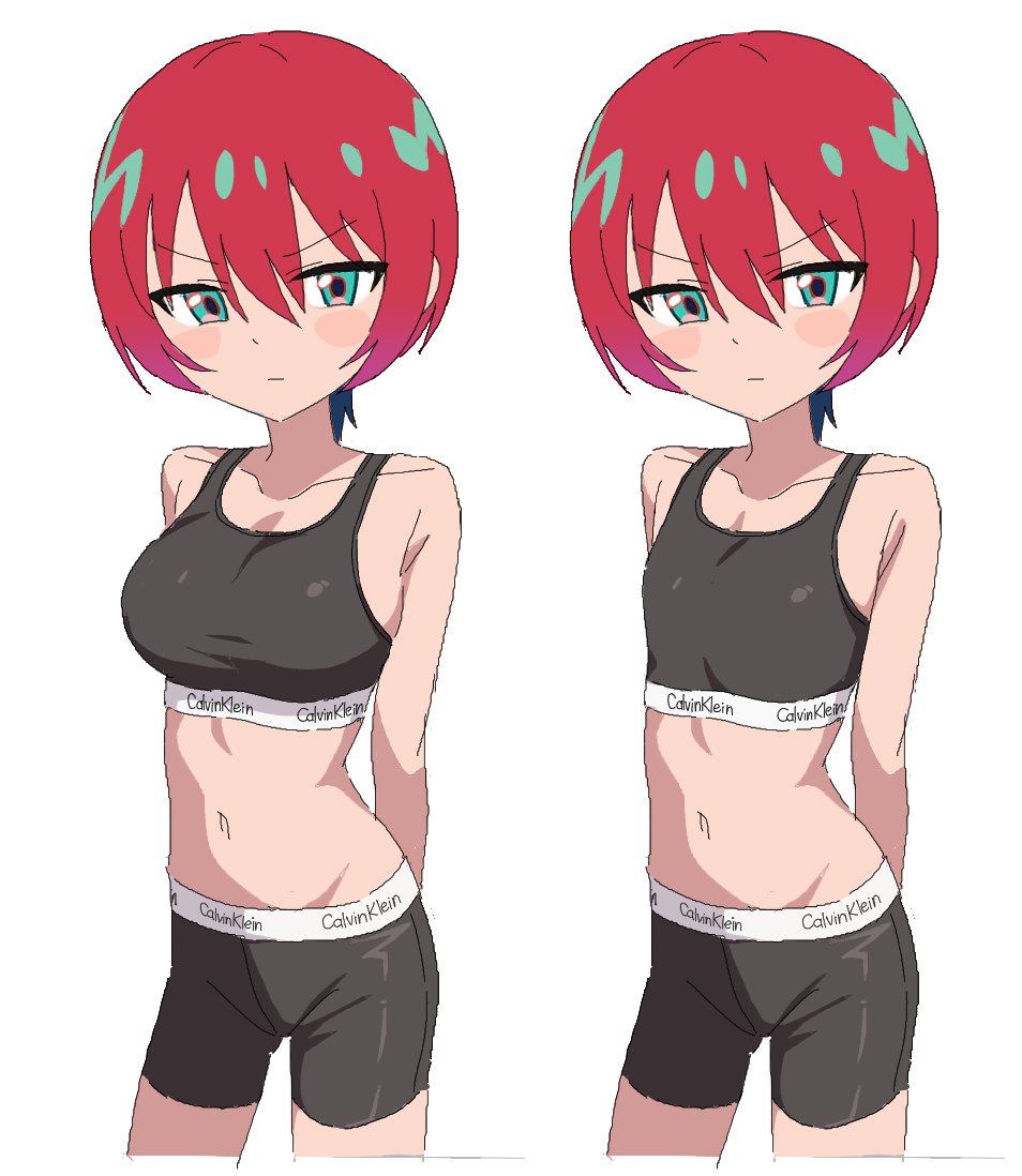 1girl, alternate_breast_size, amate_yuzuriha, bike_shorts, blush, bra, breasts, calvin_klein